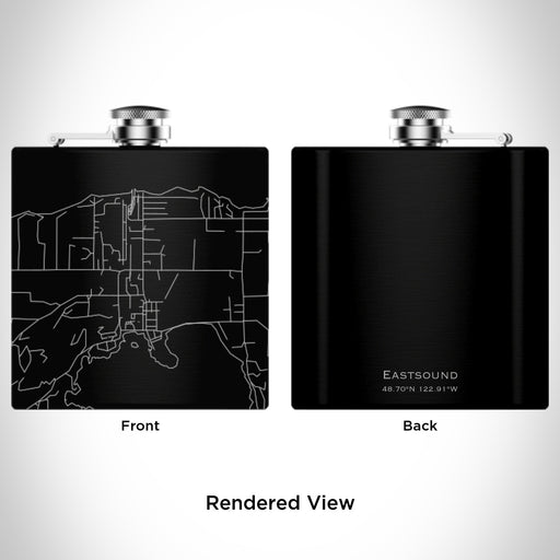 Rendered View of Eastsound Washington Map Engraving on 6oz Stainless Steel Flask in Black
