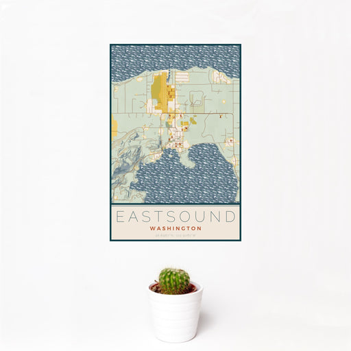 12x18 Eastsound Washington Map Print Portrait Orientation in Woodblock Style With Small Cactus Plant in White Planter
