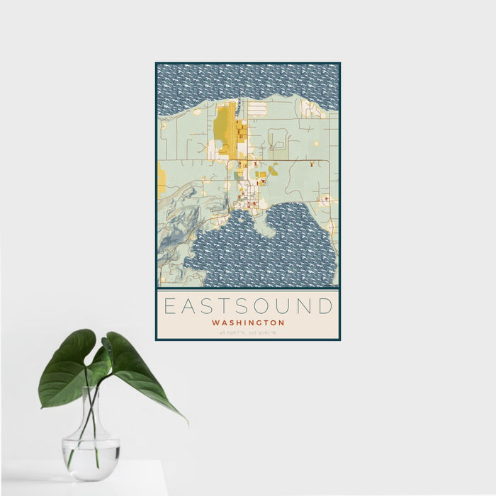 16x24 Eastsound Washington Map Print Portrait Orientation in Woodblock Style With Tropical Plant Leaves in Water