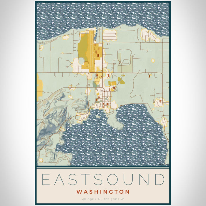 Eastsound Washington Map Print Portrait Orientation in Woodblock Style With Shaded Background