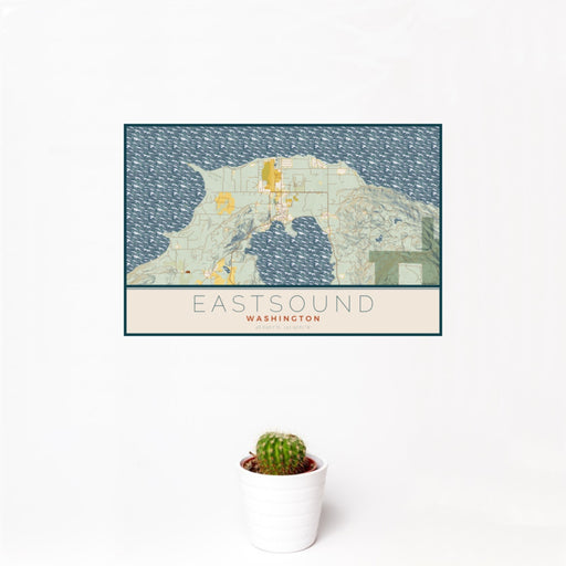 12x18 Eastsound Washington Map Print Landscape Orientation in Woodblock Style With Small Cactus Plant in White Planter