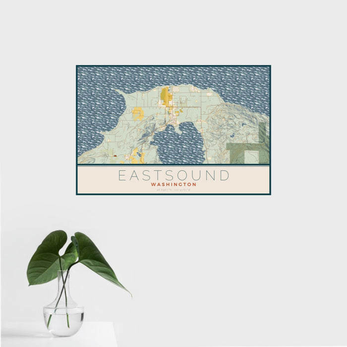 16x24 Eastsound Washington Map Print Landscape Orientation in Woodblock Style With Tropical Plant Leaves in Water