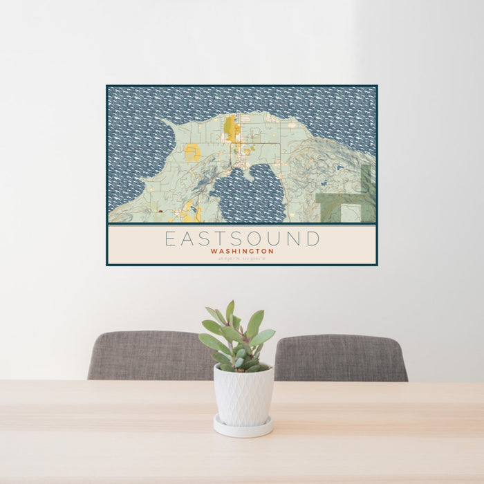 24x36 Eastsound Washington Map Print Landscape Orientation in Woodblock Style Behind 2 Chairs Table and Potted Plant