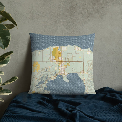 Custom Eastsound Washington Map Throw Pillow in Woodblock on Bedding Against Wall