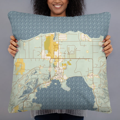 Person holding 22x22 Custom Eastsound Washington Map Throw Pillow in Woodblock