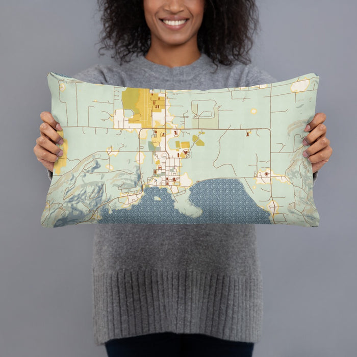 Person holding 20x12 Custom Eastsound Washington Map Throw Pillow in Woodblock