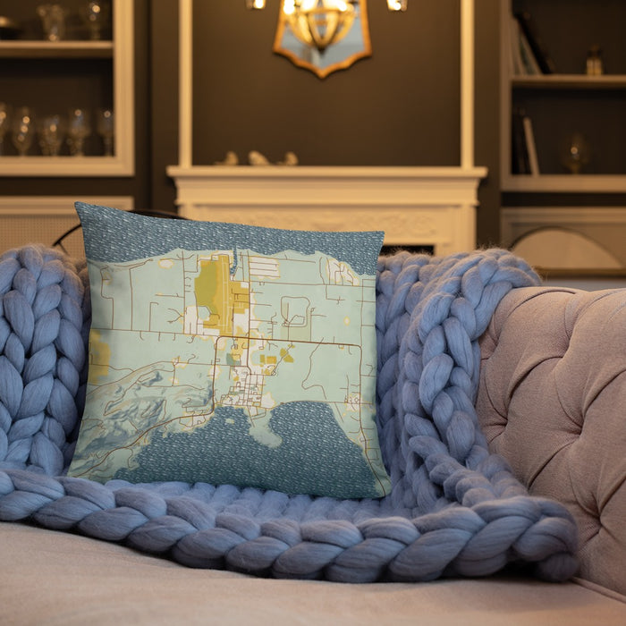 Custom Eastsound Washington Map Throw Pillow in Woodblock on Cream Colored Couch