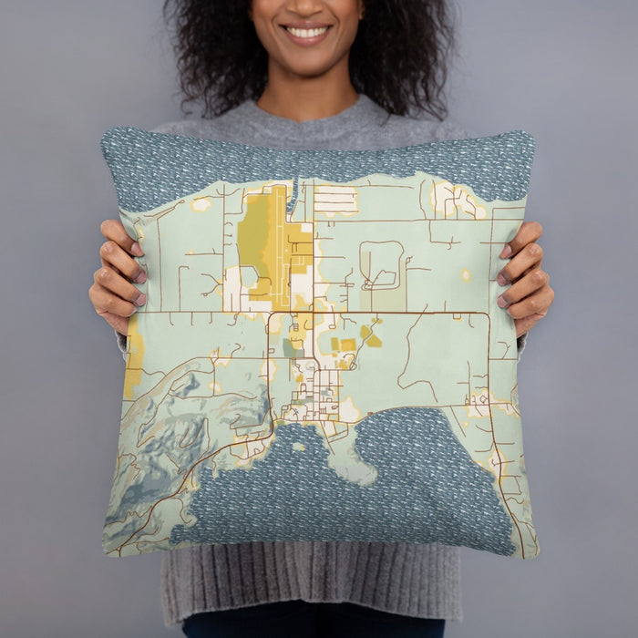 Person holding 18x18 Custom Eastsound Washington Map Throw Pillow in Woodblock