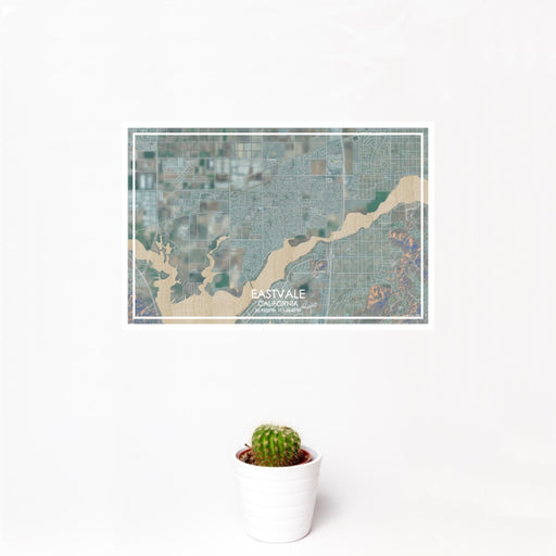 12x18 Eastvale California Map Print Landscape Orientation in Afternoon Style With Small Cactus Plant in White Planter
