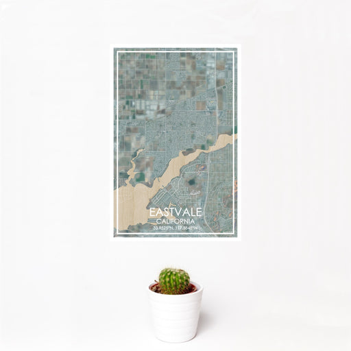 12x18 Eastvale California Map Print Portrait Orientation in Afternoon Style With Small Cactus Plant in White Planter