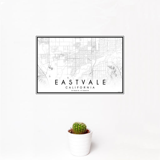 12x18 Eastvale California Map Print Landscape Orientation in Classic Style With Small Cactus Plant in White Planter