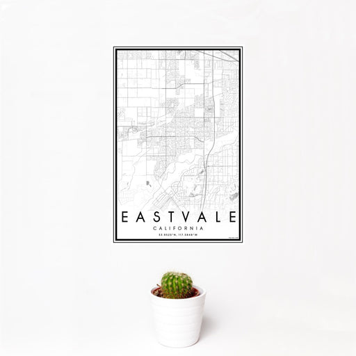 12x18 Eastvale California Map Print Portrait Orientation in Classic Style With Small Cactus Plant in White Planter