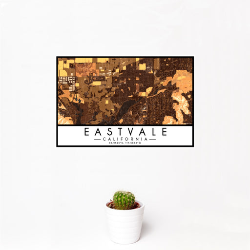 12x18 Eastvale California Map Print Landscape Orientation in Ember Style With Small Cactus Plant in White Planter