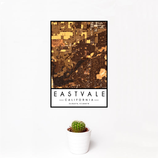 12x18 Eastvale California Map Print Portrait Orientation in Ember Style With Small Cactus Plant in White Planter