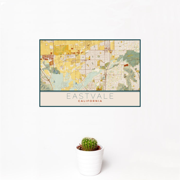 12x18 Eastvale California Map Print Landscape Orientation in Woodblock Style With Small Cactus Plant in White Planter