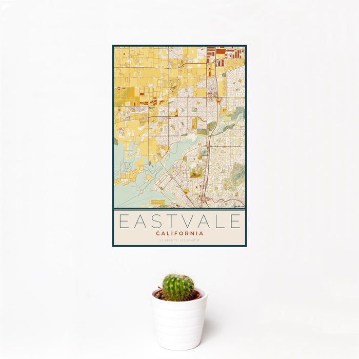 12x18 Eastvale California Map Print Portrait Orientation in Woodblock Style With Small Cactus Plant in White Planter