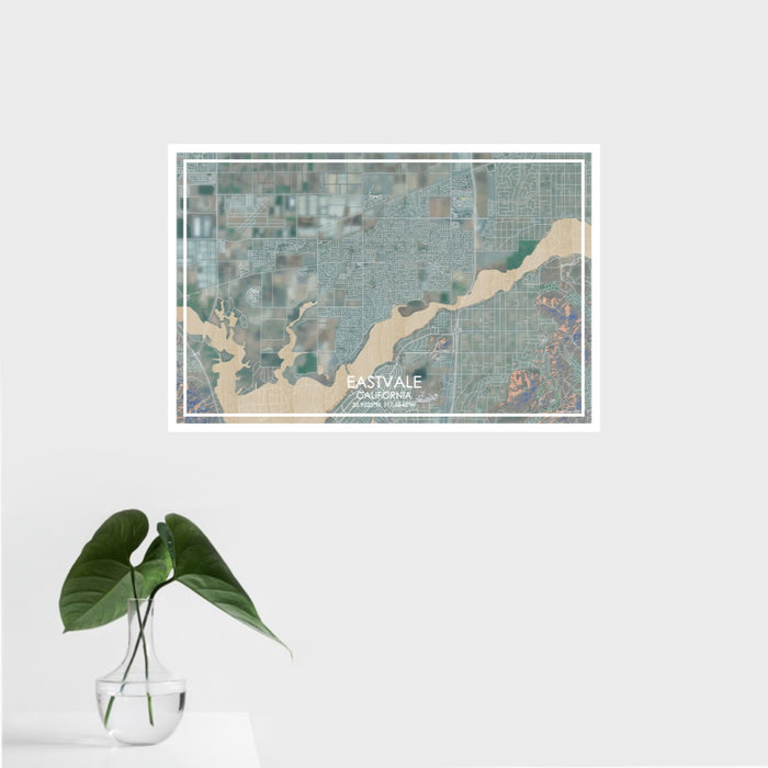 16x24 Eastvale California Map Print Landscape Orientation in Afternoon Style With Tropical Plant Leaves in Water
