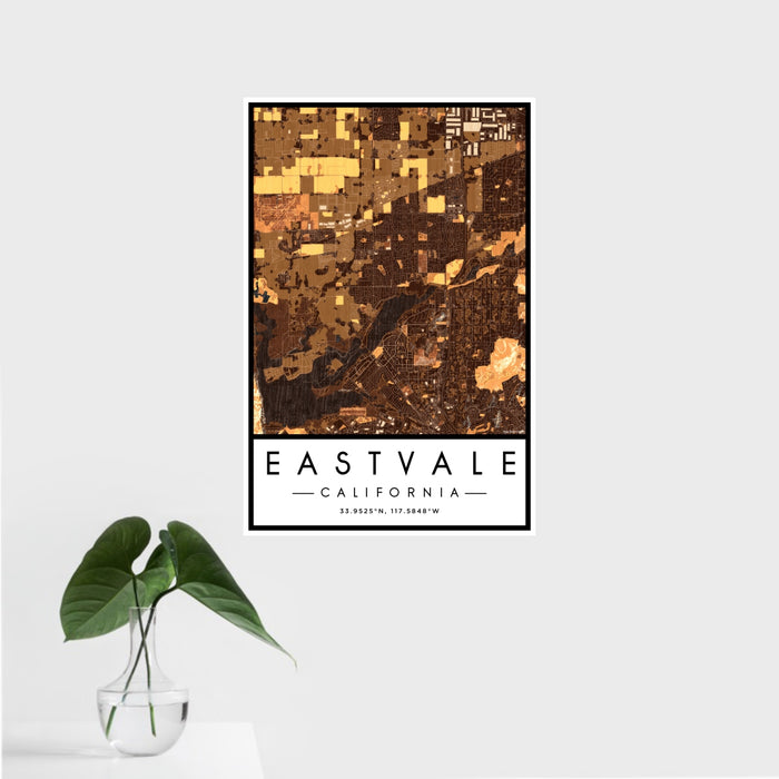 16x24 Eastvale California Map Print Portrait Orientation in Ember Style With Tropical Plant Leaves in Water