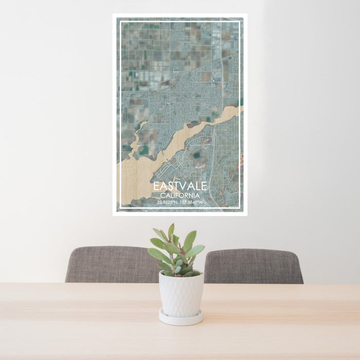 24x36 Eastvale California Map Print Portrait Orientation in Afternoon Style Behind 2 Chairs Table and Potted Plant