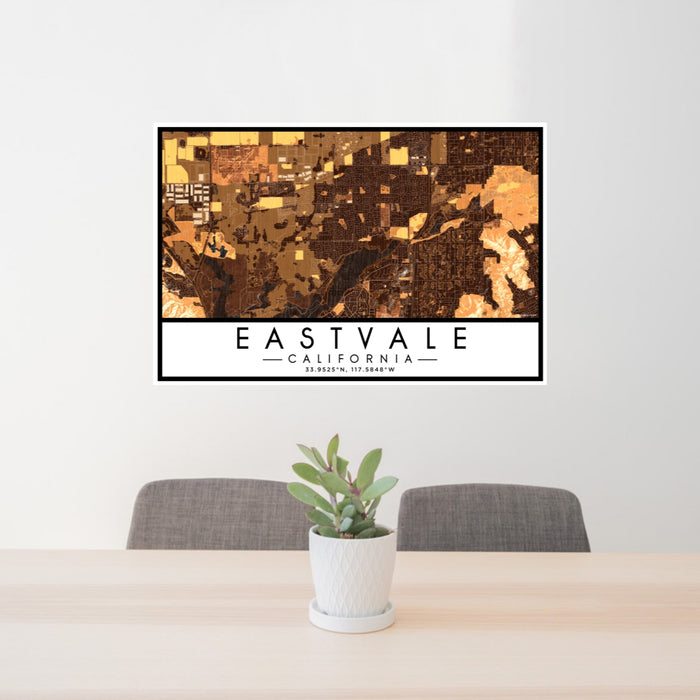 24x36 Eastvale California Map Print Lanscape Orientation in Ember Style Behind 2 Chairs Table and Potted Plant