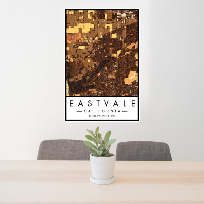 24x36 Eastvale California Map Print Portrait Orientation in Ember Style Behind 2 Chairs Table and Potted Plant