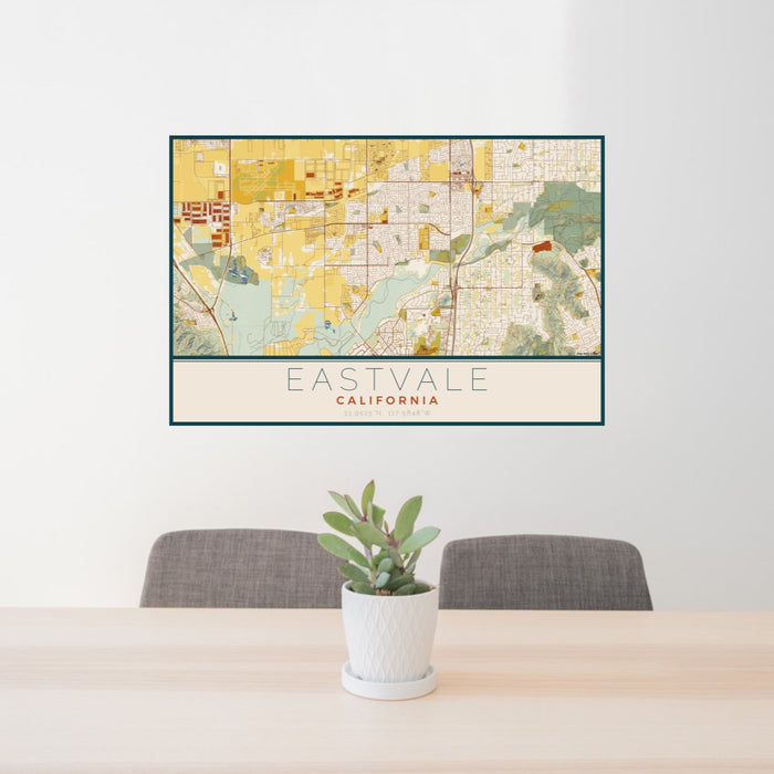 24x36 Eastvale California Map Print Lanscape Orientation in Woodblock Style Behind 2 Chairs Table and Potted Plant