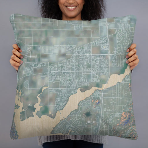 Person holding 22x22 Custom Eastvale California Map Throw Pillow in Afternoon
