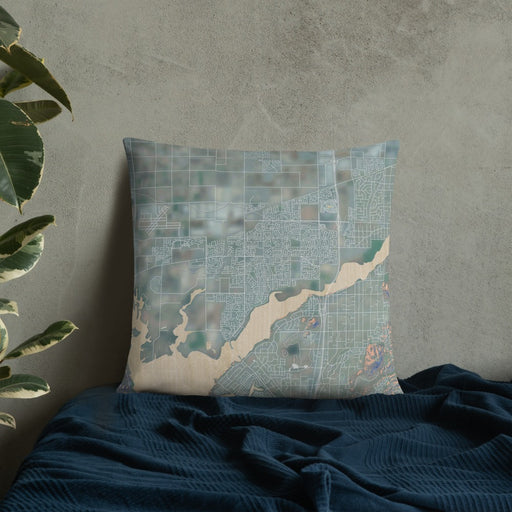 Custom Eastvale California Map Throw Pillow in Afternoon on Bedding Against Wall