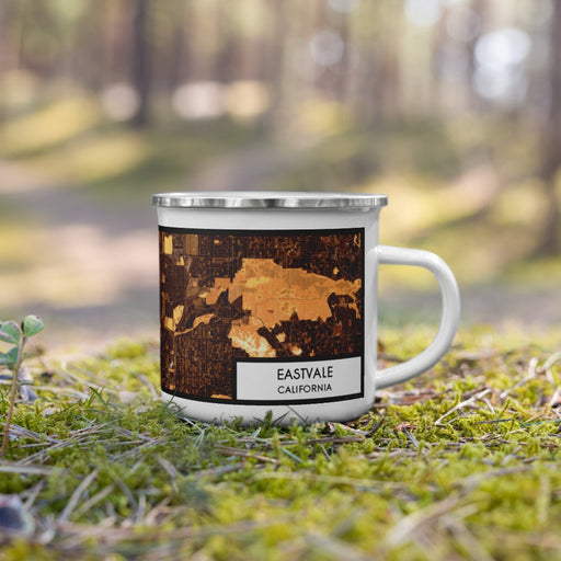 Right View Custom Eastvale California Map Enamel Mug in Ember on Grass With Trees in Background