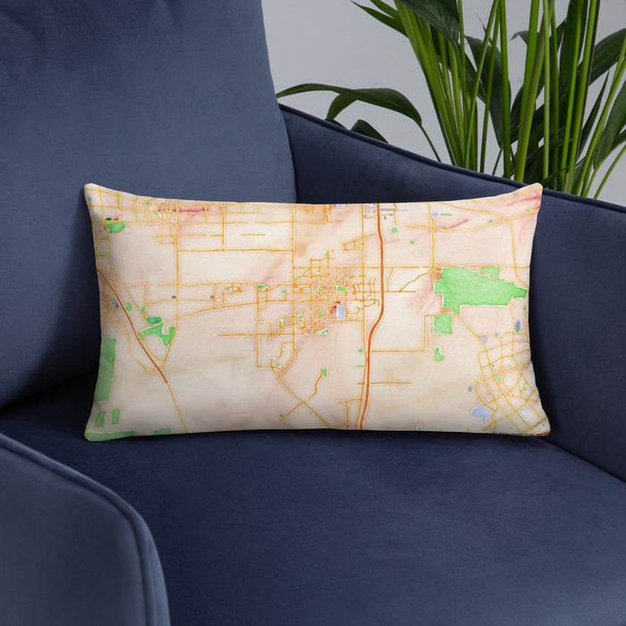 Custom Eastvale California Map Throw Pillow in Watercolor on Blue Colored Chair