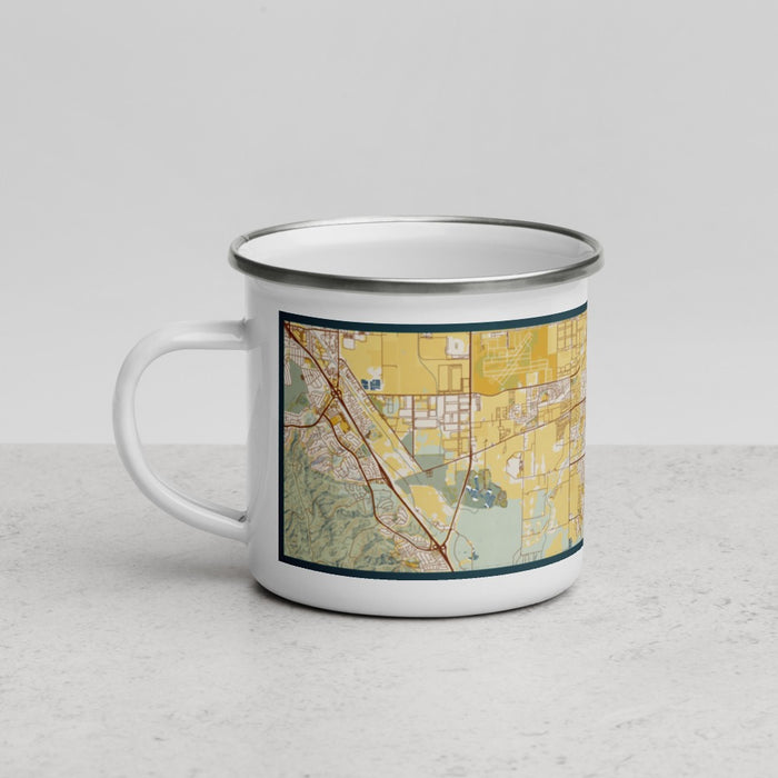 Left View Custom Eastvale California Map Enamel Mug in Woodblock