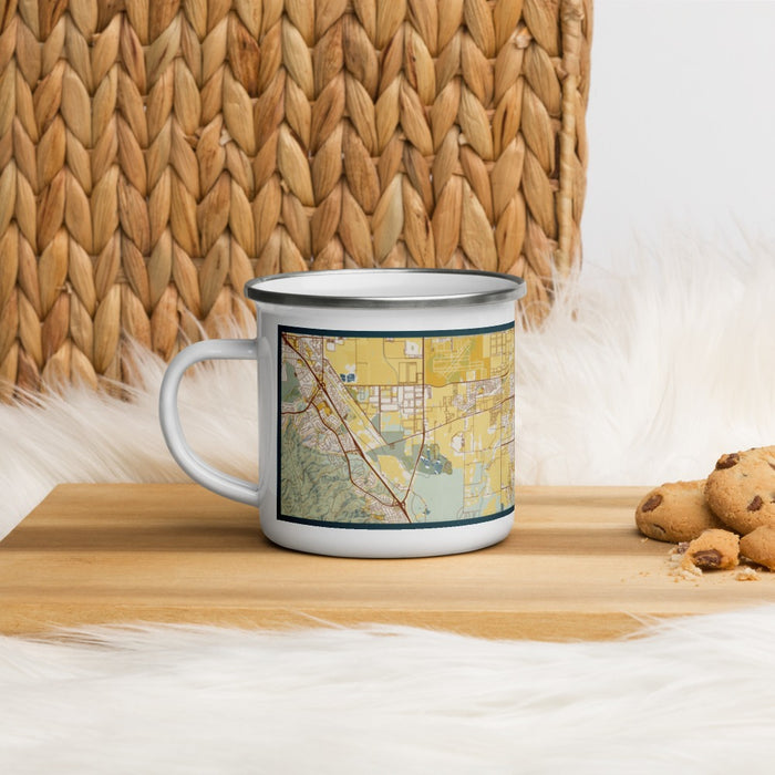 Left View Custom Eastvale California Map Enamel Mug in Woodblock on Table Top