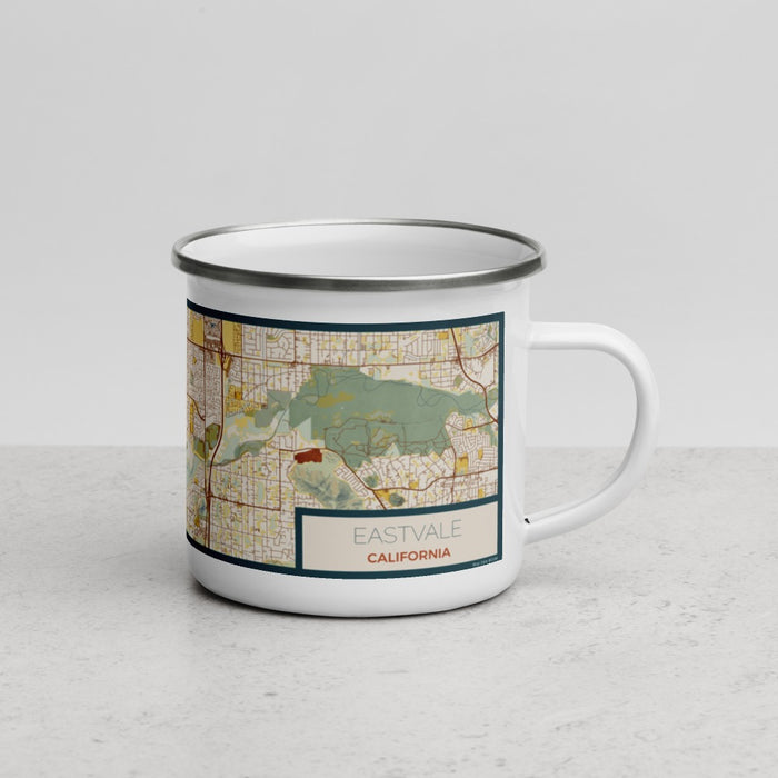 Right View Custom Eastvale California Map Enamel Mug in Woodblock