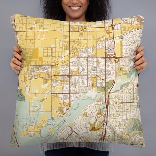 Person holding 22x22 Custom Eastvale California Map Throw Pillow in Woodblock
