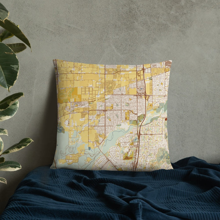 Custom Eastvale California Map Throw Pillow in Woodblock on Bedding Against Wall