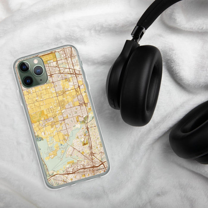 Custom Eastvale California Map Phone Case in Woodblock on Table with Black Headphones