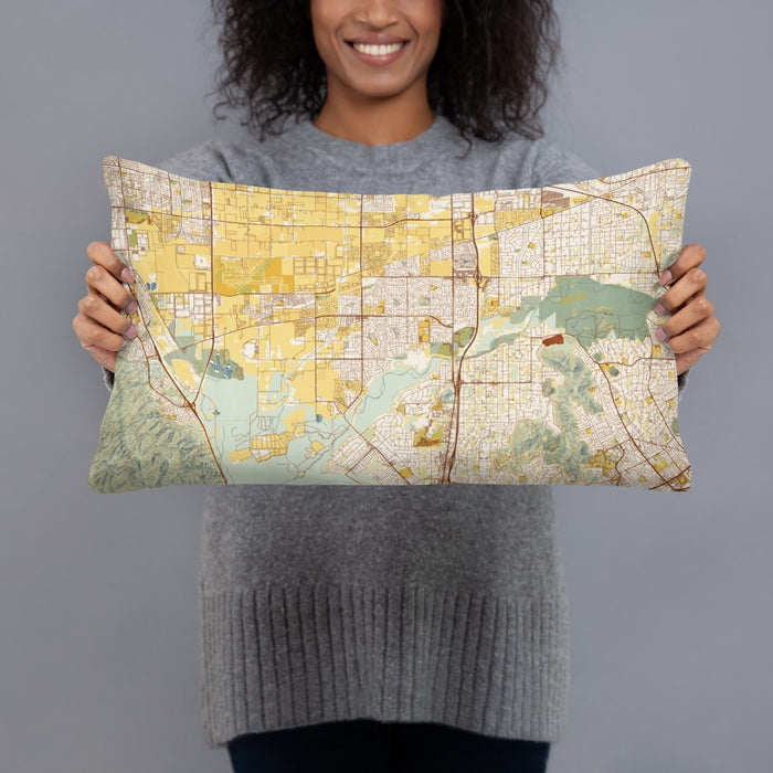 Person holding 20x12 Custom Eastvale California Map Throw Pillow in Woodblock