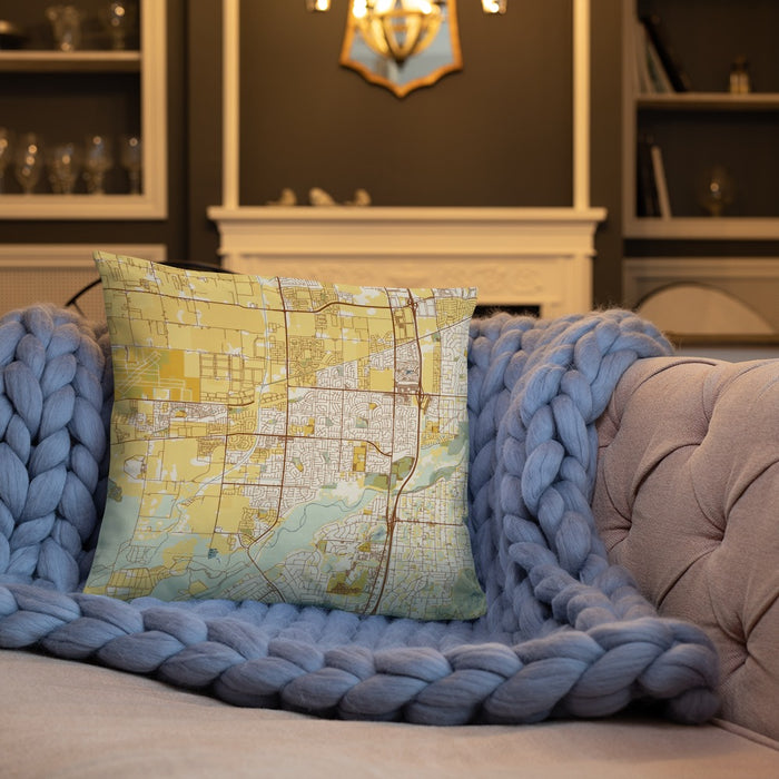 Custom Eastvale California Map Throw Pillow in Woodblock on Cream Colored Couch