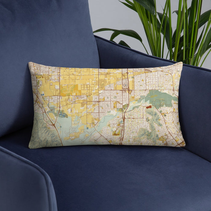 Custom Eastvale California Map Throw Pillow in Woodblock on Blue Colored Chair