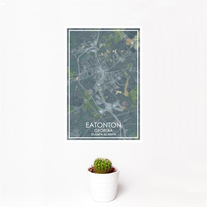 12x18 Eatonton Georgia Map Print Portrait Orientation in Afternoon Style With Small Cactus Plant in White Planter