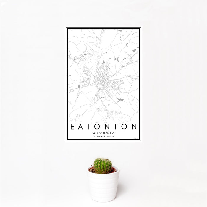 12x18 Eatonton Georgia Map Print Portrait Orientation in Classic Style With Small Cactus Plant in White Planter