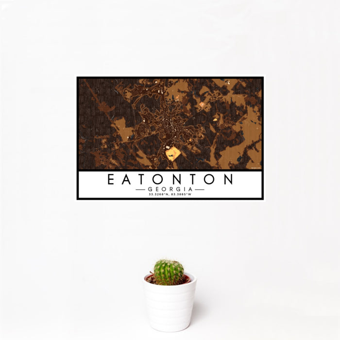 12x18 Eatonton Georgia Map Print Landscape Orientation in Ember Style With Small Cactus Plant in White Planter