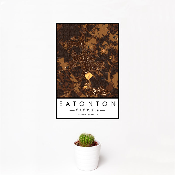 12x18 Eatonton Georgia Map Print Portrait Orientation in Ember Style With Small Cactus Plant in White Planter