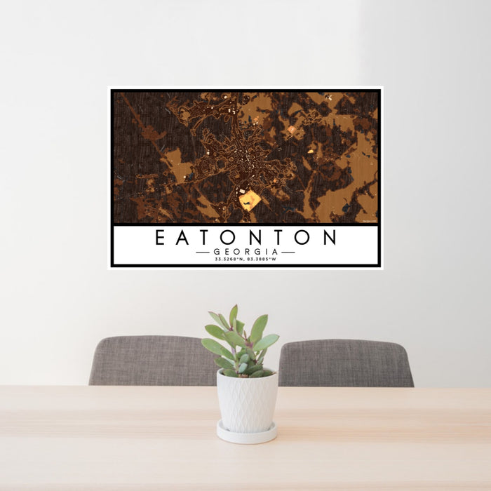 24x36 Eatonton Georgia Map Print Lanscape Orientation in Ember Style Behind 2 Chairs Table and Potted Plant