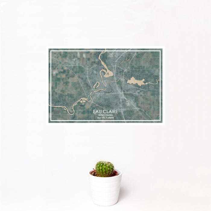 12x18 Eau Claire Wisconsin Map Print Landscape Orientation in Afternoon Style With Small Cactus Plant in White Planter