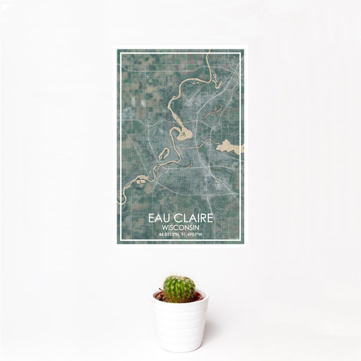 12x18 Eau Claire Wisconsin Map Print Portrait Orientation in Afternoon Style With Small Cactus Plant in White Planter
