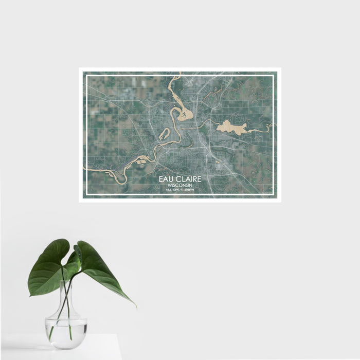 16x24 Eau Claire Wisconsin Map Print Landscape Orientation in Afternoon Style With Tropical Plant Leaves in Water