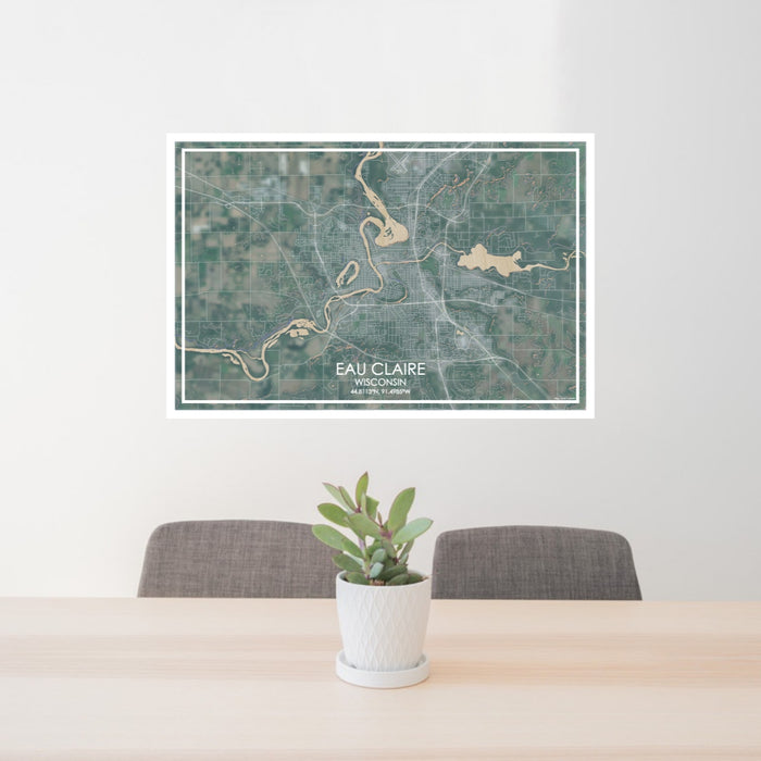 24x36 Eau Claire Wisconsin Map Print Lanscape Orientation in Afternoon Style Behind 2 Chairs Table and Potted Plant