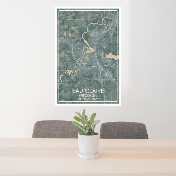 24x36 Eau Claire Wisconsin Map Print Portrait Orientation in Afternoon Style Behind 2 Chairs Table and Potted Plant