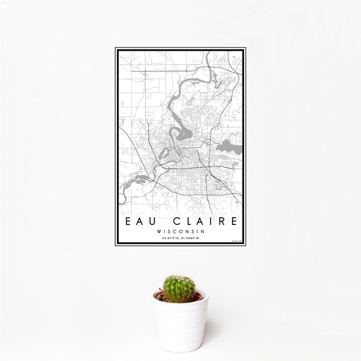 12x18 Eau Claire Wisconsin Map Print Portrait Orientation in Classic Style With Small Cactus Plant in White Planter